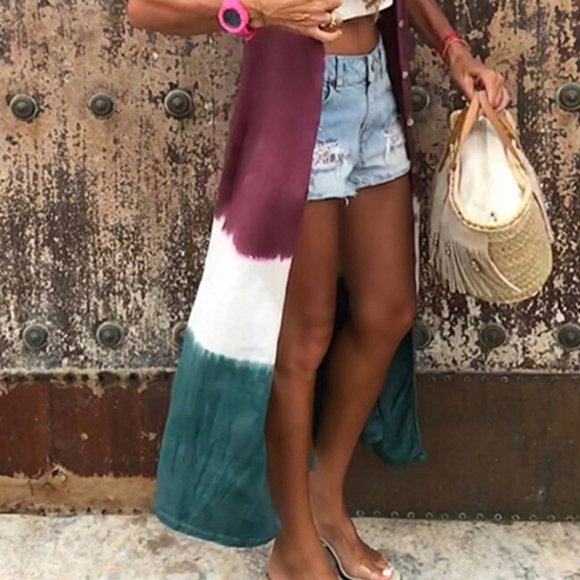 COMING NEW COLOR BLOCK LONG BUTTON UP TOP COVER UP - Picture 4 of 4